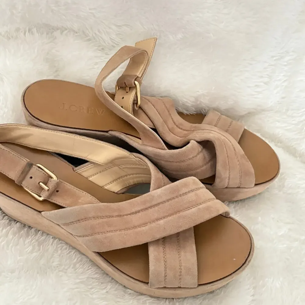 J Crew Darcy Wedge Sandals 7 Tan Suede Heel J.Crew Travel Resort Cruise